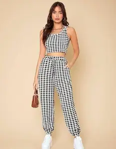 Shree Hari Creation Women's Two Piece Outfit Houndstooth Plaid Crop Tank Top and Pants Set(Large, Black)