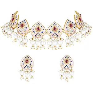 Peora Handmade Pink Enamel Choker Necklace with Earrings Jewellery Set for Women
