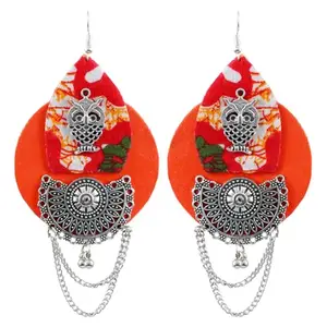 University Trendz Handcrafted Orange Fabric Oxiidsed Silver Owl Design Dangler Earrings for Women and Girls