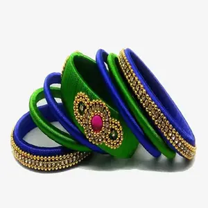 HARSHAS INDIA CRAFT Silk Thread Bangles Stones Chuda Bangle Set (Light green-blue-1) (Size-2/0)