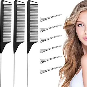 Famecia 3 Pieces Rat Tail Hair Comb Pintail Comb Carbon Fiber Teasing Comb Stainless Steel Parting Comb and 6 Pieces Metal Alligator Curl Clip Duckbill Clip for Salon Barber Hairdressing Styling Tools