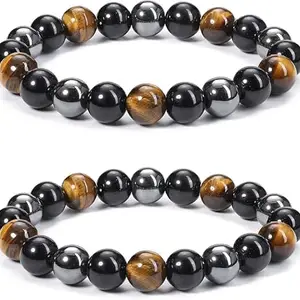 Ruhaans Hematite Black Obsidian Tiger Eye Stone Bracelets for Men Women 10mm Natural Round Gemstone Beads Beaded Healing Crystal Bracelet for Protection, Good Luck