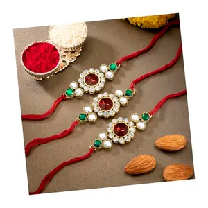 Peora Rakhshabandhan Thread Rakhi for Brother Bhaiya | Kundan & Crystal Studded | Red Green White | Combo Pack of 3 | Rakhi Hamper Roli Chawal & Greeting Card