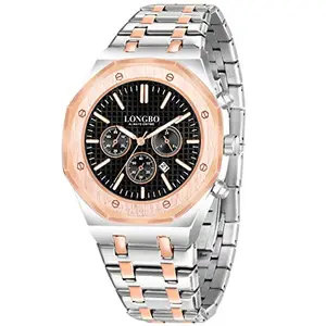 LONGBO Men's Dual Tome Silver Rose Gold Stainless Steel Analog Luxury Fashion Casual Dress Waterproof Quartz Wristwatches For Men With Non-Functional Subdials, (Black Dial & Silver Gold Band)