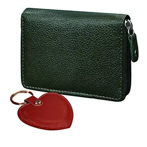 ABYS Valentine Day Special Genuine Leather Green Wallet for Men and Women (Set of 2 - One Wallet & One Keyring)