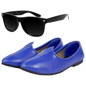 Vitoria Aadab Trendy Men's Synthetic Leather Slip-On Jutti with Free Unisex Sunglasses/Blue Shoes/Ethenic Shoes/Traditional Dress Shoes/Party Shoes/Size-7