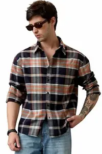 The Souled Store Plaid Shirt: Mystic Jade Men and Boys Long Sleeve Spread Collar Black Plaid Cotton Lightweight Easy to Style Everyday Office Wear Relaxed Shirt