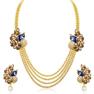 Sukkhi Gleaming Peacock Four Strings Gold Plated Necklace Set for Women