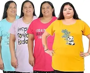 La Rainbow Women Cotton Regular Fit Plus Size Mid Length Chest Print T-Shirt (Pack of 4)