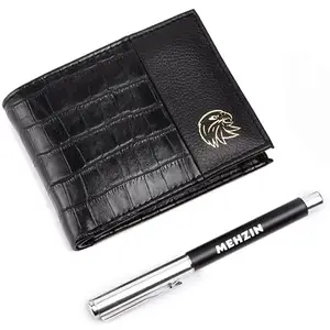 MEHZIN Men Formal Black Artificial Leather Wallet & Pen 2Pcs Combo Gift Set (5 Card Slots) Wallet & Pen Gift Set. Style-175
