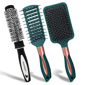 Majestique 3Pcs Hair Brush Set - Paddle, Vent & Blow Dry Brush - Cushion Brush for Women & Men - Wet & Dry Smoothing Detangling Brush for Long Thick Hair