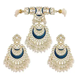 Amazon Brand - Anarva 18K Gold Plated Blue Meenakari Pearl & Kundan Studded Choker Necklace Jewellery Set For Women/Girls (Ml306Bl Blue)