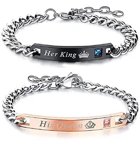 FOREVER BLINGS Rose Gold Stainless Steel Cubic Zirconia Her King His Queen Crown Distance Couple Bracelet for Men & Women - 2 Pieces