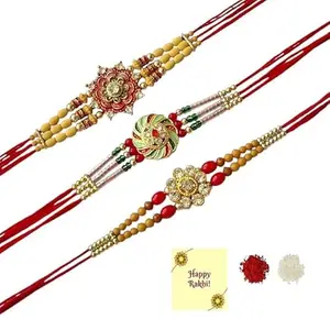 Avanti Creations Set of 3 Flower Rakhi Combo For Brother Sister Raksha Bandhan Band Moli Bracelet Kundan Pearl Rakhi for Bhai Bhabhi Roli Tilak Greetings Card For Unisex Adult