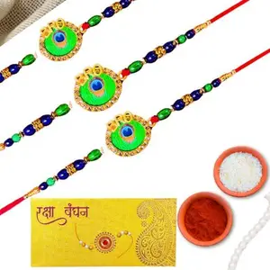 Mor Pankh Peacock feather multicolor gold finish rakhi for brother Pack of 3 rakhi with roli chawal, greeting card, Bro Writing, Rakhi for brother and bhabhi