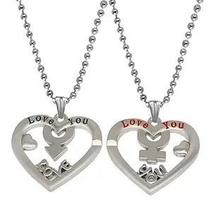 M Men Style Valentine Gift Love You Heart Couple Engraved Dual Locket Silver Zinc, Metal Pendant Necklace Chain For Men And Women