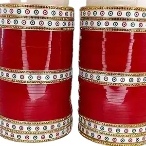 Traditional Bridal Bangles Set – Elegant Indian Wedding Chura for Women & Girls, Red (Size - 2.6)