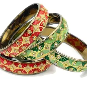 Swara Creations Traditional Bangles Set |Glass Kade with Golden design, Stone work| Red Green & Multi color Bangles |Set of -4 | Glossy Bangles for Women & Girls(SKU255)