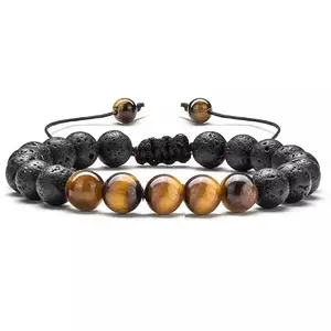 Aanya Gems 8mm Tiger Eye With Lava Rock Stone Mens Adjustable Diffuser Bracelet with Lab Certificate