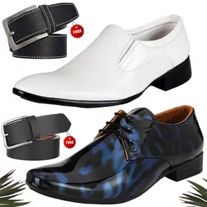 Fashionable Formal Shoes/Party Shoes/ 2 Shoes Combo with Free 2 Belt for Men and Boys (BAZAAR9792_PV-LNG-101) Multicolor