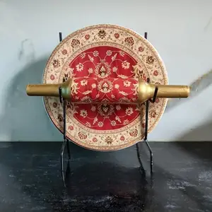 Marble Roti Maker with Wooden Belan Enamel Print/White Marble Chakla 10 Inch Diameter with Belan (Printed Enamel Chakla Belan) (RED 1)