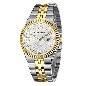 Visit the Giordano Store Giordano Analog Watch for Men with Honeycomb Dial, Fluted Bezel, Stainless Steel Strap, Date Window & Luminous Hour Markers