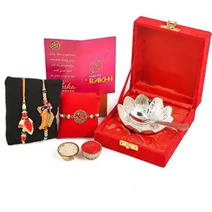 Yalambar Rakhi Gift Hamper for Bhaiya Bhabhi - Rakshabandhan Gift Rakhi for Brother - [Rakhi for Brother Combo - Rakhi with Brass Bowl with Velvet Box, Roli Chawal & Greeting Card]YAL-02-812