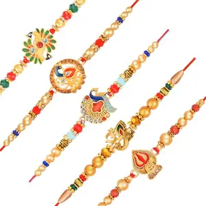 De Marquis Designer Rakhi (Pack of 5) | Roli-Chawal Pack With Greeting Card | Happy Rakshabandhan | Send Rakhis for Brother/Bhai/Bhaiya/Bhabhi/Kids | Rakhee Gift