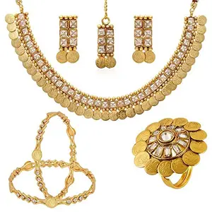 Jewels Galaxy Bridal Collection with Temple Coin Necklace Set,1 Free Size Coinage Ring, Pair of Coinage Bangles - Combo of 3 (JG-CB-MIX-264_1)
