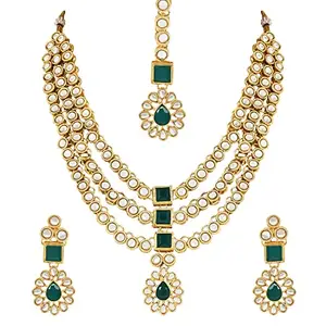 I Jewels 18K Gold Plated Traditional Kundan Necklace Jewellery Set with Earrings & Maang Tikka for Women And Girls (IJ357G)