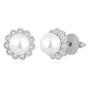 Peora Silver Plated Cubic Zirconia Pearl Studded Round Stud Earrings Stylish Jewellery for Women & Girls