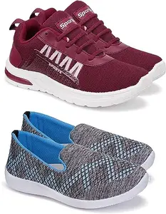 WORLD WEAR FOOTWEAR Soft Comfortable and Breathable Canvas Sports Running Shoes for Women (Maroon and Blue, 5) (S17343)