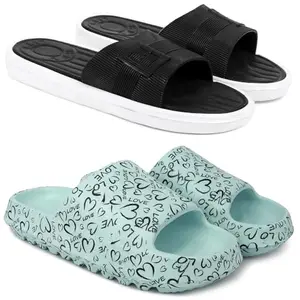Pampy Angel Combo Pack of 2 Slipper/Flip Flops/Slides/Clogs/Sandals with Adjustable Back Strap for Women,(Buckle-Black,YW-Love-Green),38 (Euro)