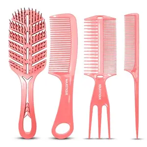 Majestique Hair Grooming Set of 4, Vented Hair Brush, Handle Comb, 3 in 1 Comb & Tail Comb, Hair Brush Set for Women & Men - Multicolour
