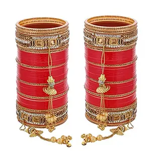 Lucky Jewellery Bridal Bangle Set Wedding Punjabi chuda Designer chura CZ Stone Red Color choora Set for Women (792-M1C1-745-R22)