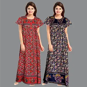 DIPSYCO 100% Cotton Nighty for Women || Long Length Printed Nighty/Maxi/Night Gown/Night Dress/Nightwear Inner & Sleepwear for Women's (Combo Pack of 2)(MF074-Nighty (P2) Red Multicolor_L)