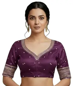 Women's Silk Embroidered Half Sleeve Blouse Piece Work Readymade Blouse for Women | Any Occasion || Saree Blouse (Maroon, 38)