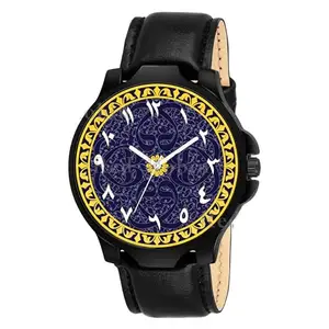 Gadgets World Analog Islamic Design Multicolour Dial Stylish Black Leather Strap Wrist Watch for Muslim Men and Boys, Pack of 1 - IW007-ARB-3K-BLK-L