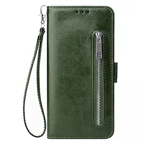 Teletel Zipper Series Flip Mobile Cover Pu Leather | Card & Cash Pockets | Magnetic Loop | Front Zip Lock Wallet Case (Dark Green) for Redmi Note 4