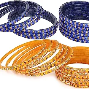 Somil Combo Of Party & Wedding Colorful Glass Bangle/Kada, Pack Of 24, Blue,Yellow