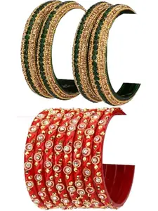 Somil Colorful Glass Bangles/Kada Set –Perfect For Parties And Weddings, Green & Red, Combo Of 2 Set