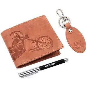 MEHZIN Men Formal Hunter Brown Genuine Leather RFID Wallet,Key Ring & Pen 3Pcs Combo Gift Set (8 Card Slots) Style-163