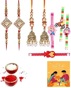 Clocrafts Two Bhaiya Bhabhi Rakhi and Four Kids Rakhi Gift Set With Greeting Card and Roli Chawal - 2BB4KS182