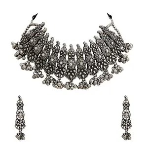 Zephyrr Handmade Oxidised silver-toned textured Afghani Turkish Choker Necklace & Earrings Set For Women(JAN-2349)
