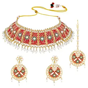 Peora Gold Plated Red Meenakari Choker Necklace Earrings Maangtikka Set Studded with Kundan Pearls Jewellery Set for Women