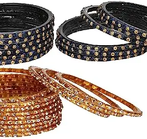 Somil Combo Of Party & Wedding Colorful Glass Kada/Bangle, Pack Of 24, Black,Golden