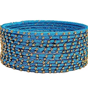 Generic Oneness Handmade Silk Thread Metal Bangles Traditional Bridal Jwellery with Zircon Stones Work (Bridal/Dulhan Chuda) for Women & Girls - (Set of 12)_Blue_2.6