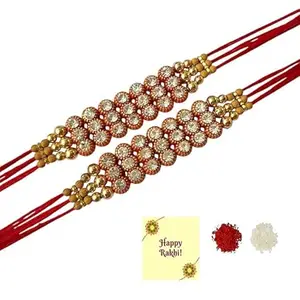 Avanti Creations Kundan Embellished Thread Rakhi For Brother|Pack Of 2|Rakhi Special|Roli Tilak With Greetings Card