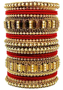 T4 Jewels Gold Plated Beautiful Red/Pink/Yellow/Green/Blue/Black Colours Metal Moti Bangles Set (Bridal Chura) for Women & Girls_Red_2.2