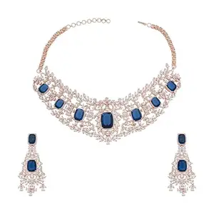 Kushal's Fashion Jewellery Sapphire Rose Gold Plated Zircon Necklace Set - 412842